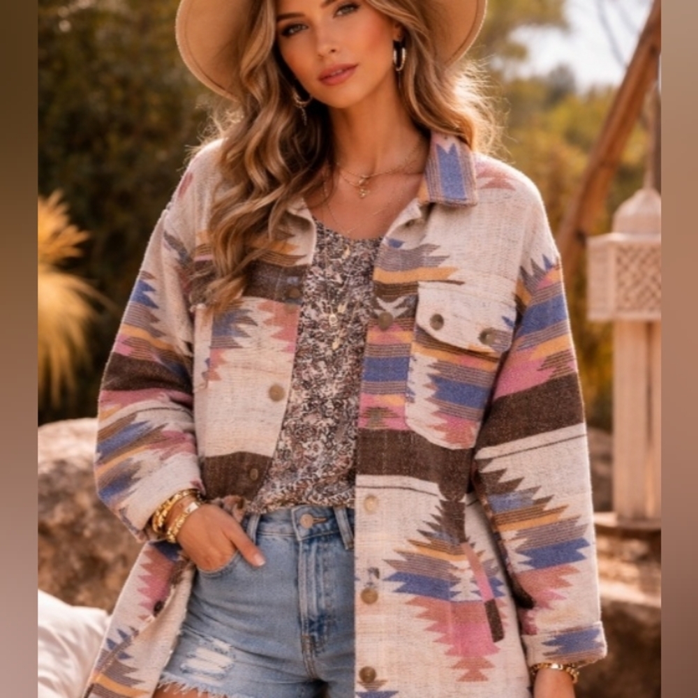 Veveret Colorful Aztec Sothwestern Western Duster Jacket Schacket Medium